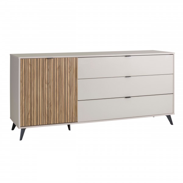 Vista diagonale Madia Cashmere/Rovere Cannettato 1 anta 3 cassetti modello Mandala Totò Piccinni