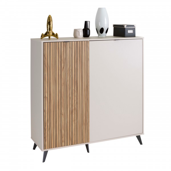 Vista diagonale Madia in Legno Cashmere/Rovere Cannettato 2 ante modello Mandala Totò Piccinni