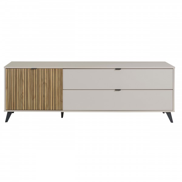 Vista frontale Porta TV Cashmere/Rovere Cannettato 1 anta 2 cassetti modello Mandala Totò Piccinni