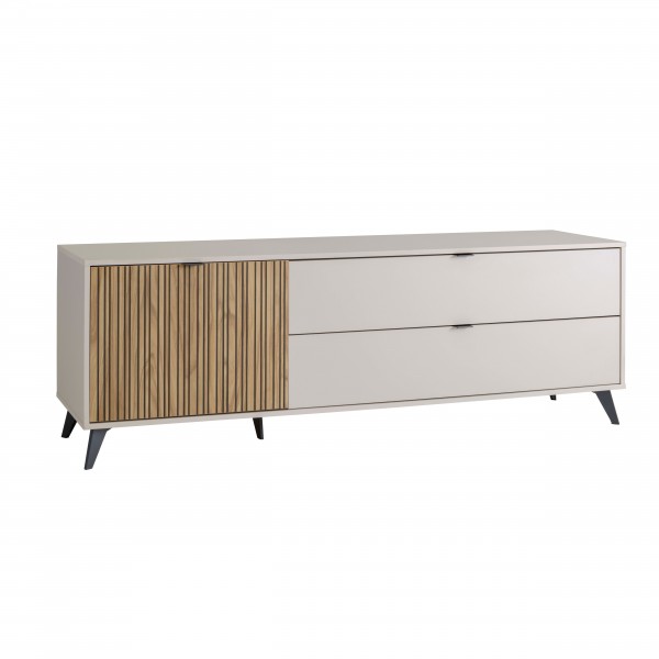 Vista diagonale Porta TV Cashmere/Rovere Cannettato 1 anta 2 cassetti modello Mandala Totò Piccinni