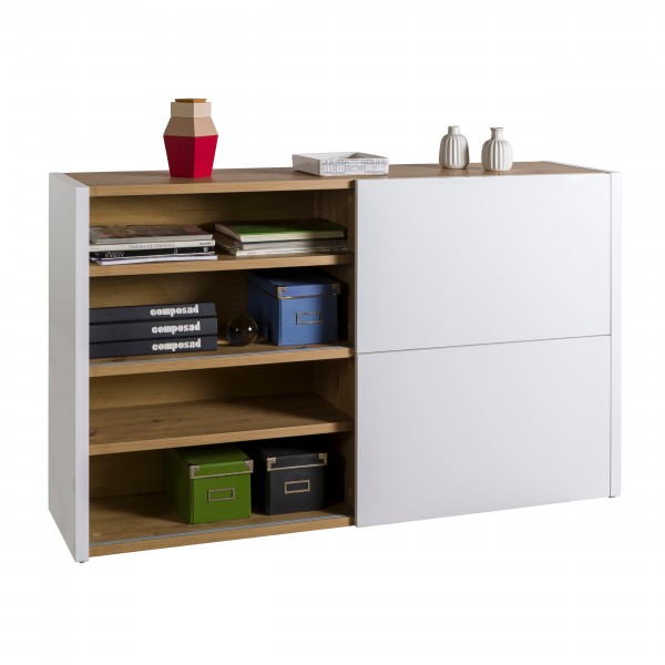 Vista diagonale con le 2 ante da un lato Base con 2 ante scorrevoli in legno colore "Bianco Laccato/Rovere Artisan" modello Apex Totò Piccinni