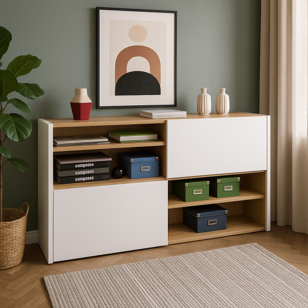 Vista ambientata Base con 2 ante scorrevoli in legno colore "Bianco Laccato/Rovere Artisan" modello Apex Totò Piccinni