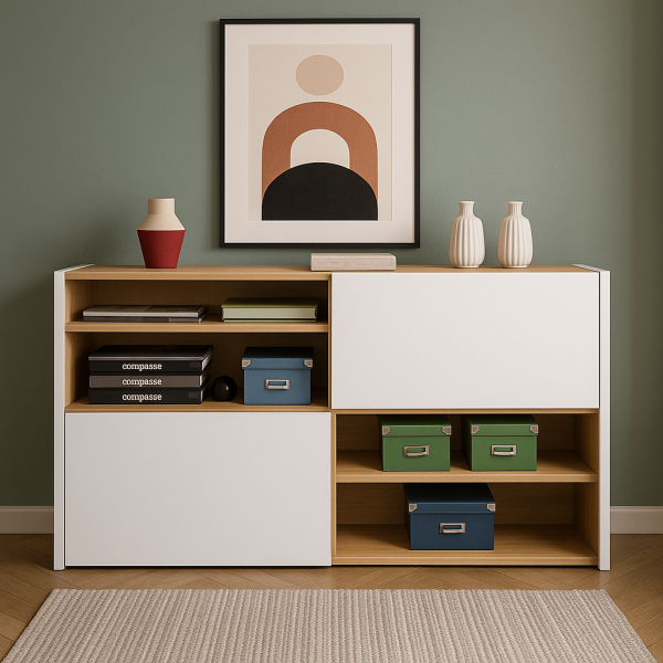 Vista ambientata frontale  Base con 2 ante scorrevoli in legno colore "Bianco Laccato/Rovere Artisan" modello Apex Totò Piccinni