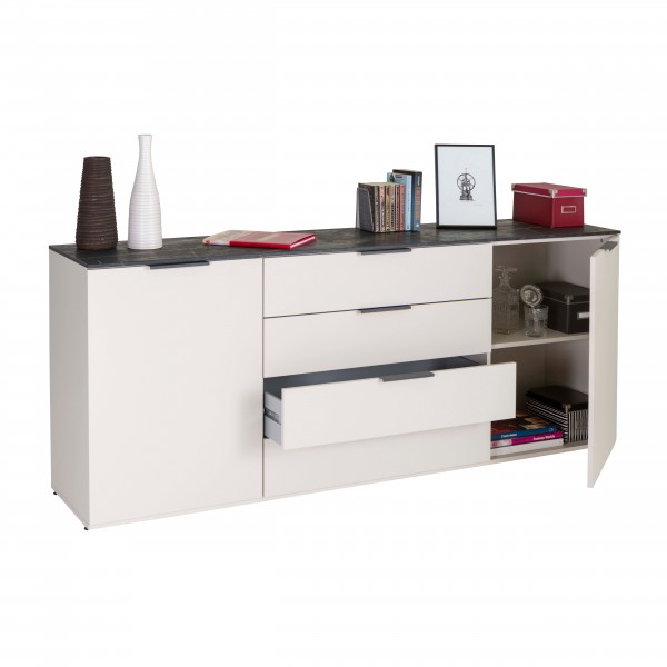 Vista diagonale con cassetto aperto Base in legno colore "Cashmere/Effetto Marmo Nero" con 2 ante e 4 cassetti modello Teca Totò Piccinni