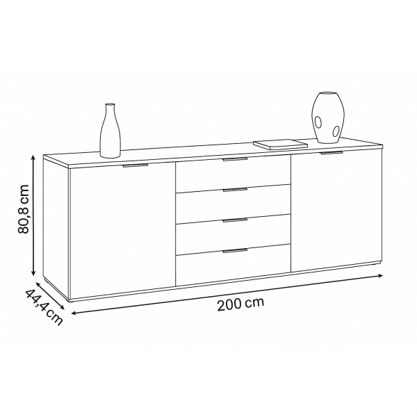 Specifica Dimensioni Base in legno colore "Cashmere/Effetto Marmo Nero" con 2 ante e 4 cassetti modello Teca Totò Piccinni