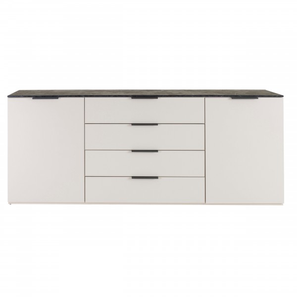 Vista frontale Base in legno colore "Cashmere/Effetto Marmo Nero" con 2 ante e 4 cassetti modello Teca Totò Piccinni