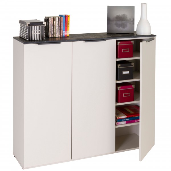 Vista diagonale con anta aperta Base Multiuso in legno colore" Cashmere/Effetto Marmo Nero" con 3 ante modello Teca Totò Piccinni