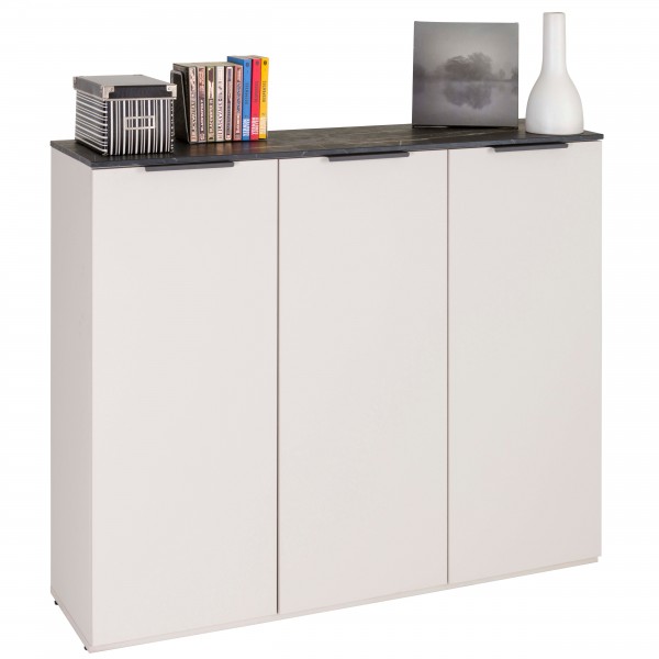 Vista diagonale Base Multiuso in legno colore" Cashmere/Effetto Marmo Nero" con 3 ante modello Teca Totò Piccinni