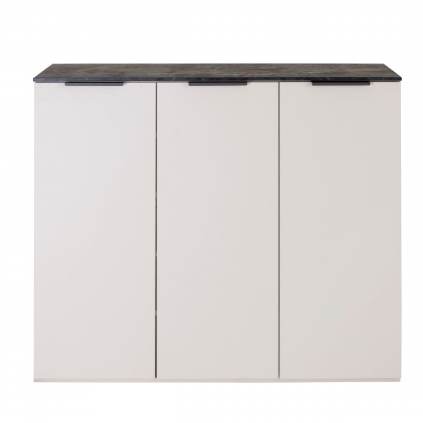 Vista frontale Base Multiuso in legno colore" Cashmere/Effetto Marmo Nero" con 3 ante modello Teca Totò Piccinni