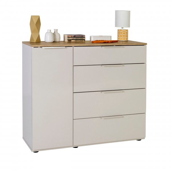 Vista diagonale Mobile Multiuso con 1 anta e 4 cassetti colore "cashmere laccato/rovere baysen" modello Aliseo Totò Piccinni
