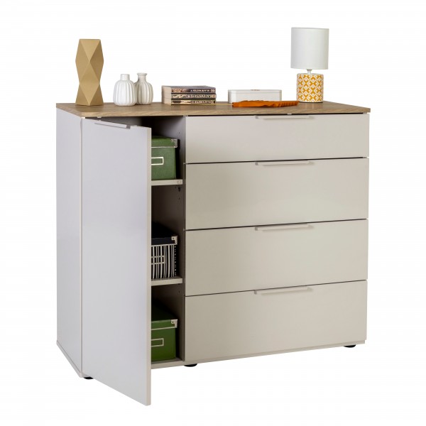 Vista diagonale con anta aperta Mobile Multiuso con 1 anta e 4 cassetti colore "cashmere laccato/rovere baysen" modello Aliseo Totò Piccinni