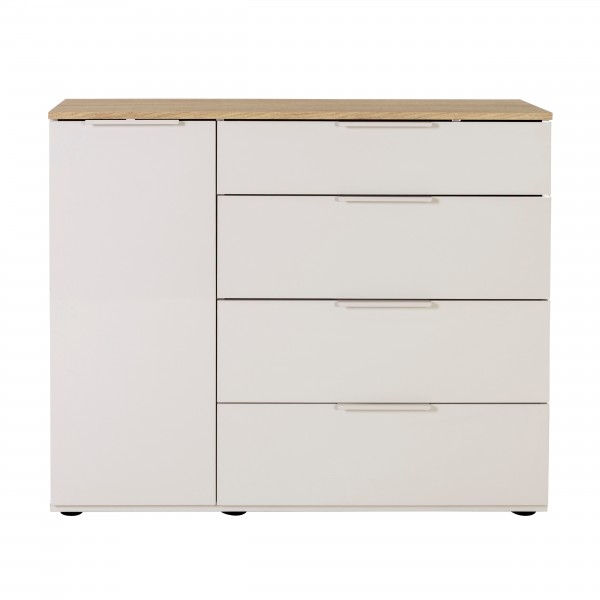 Vista frontale Mobile Multiuso con 1 anta e 4 cassetti colore "cashmere laccato/rovere baysen" modello Aliseo Totò Piccinni