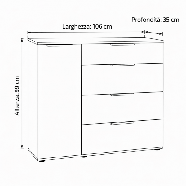 Specifica dimensioni Mobile Multiuso con 1 anta e 4 cassetti colore "cashmere laccato/rovere baysen" modello Aliseo Totò Piccinni