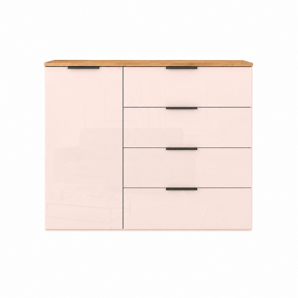 Vista frontale Base Multiuso in legno 1 anta e 3 cassetti colore  "cashmere lucido/rovere baysen" modello Zenit Totò Piccinni