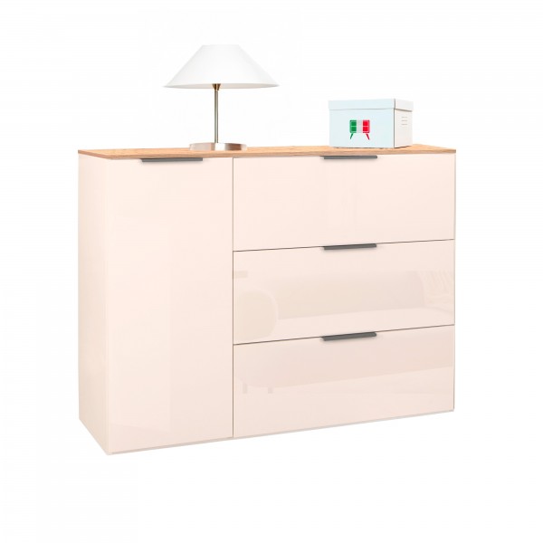 Vista diagonale Base Multiuso in legno 1 anta e 3 cassetti colore  "cashmere lucido/rovere baysen" modello Zenit Totò Piccinni