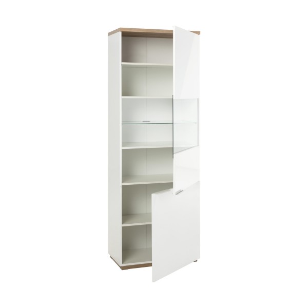 Vista diagonale Mobile contenitore design  in legno colore "Bianco Laccato/Rovere Riviera" con 2 ante con vano e ripiano in vetro modello Orbis Totò Piccinni
