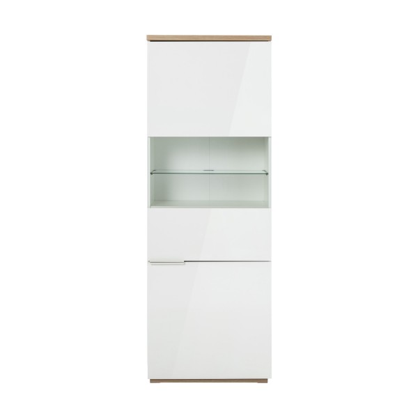 Vista frontale Mobile contenitore moderno in legno colore "Bianco Laccato/Rovere Riviera" con 2 ante con vano e ripiano in vetro modello Orbis Totò Piccinni
