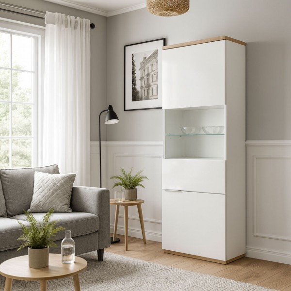 Vista ambientata Mobile contenitore in legno colore "Bianco Laccato/Rovere Riviera" con 2 ante con vano e ripiano in vetro modello Orbis Totò Piccinni