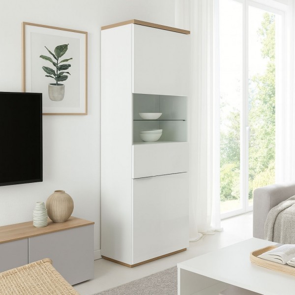 Vista ambientata Mobile contenitore in legno colore "Bianco Laccato/Rovere Riviera" con 2 ante con vano e ripiano in vetro modello Orbis Totò Piccinni