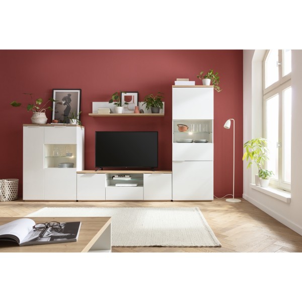 Vista ambientata Mobile contenitore con ante in legno colore "Bianco Laccato/Rovere Riviera" con 2 ante con vano e ripiano in vetro modello Orbis Totò Piccinni