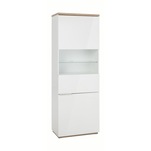 Vista diagonale Mobile contenitore in legno colore "Bianco Laccato/Rovere Riviera" con 2 ante con vano e ripiano in vetro modello Orbis Totò Piccinni