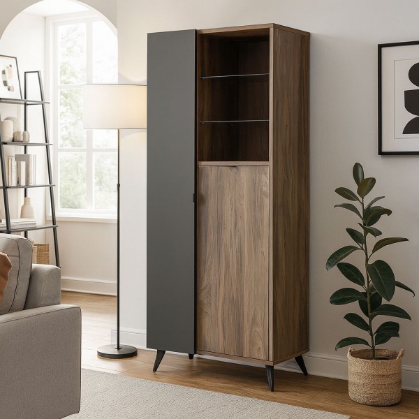 Vista ambientata colonna bagno grigio scuro laccato/noce brera vista frontale con ante chiuse 