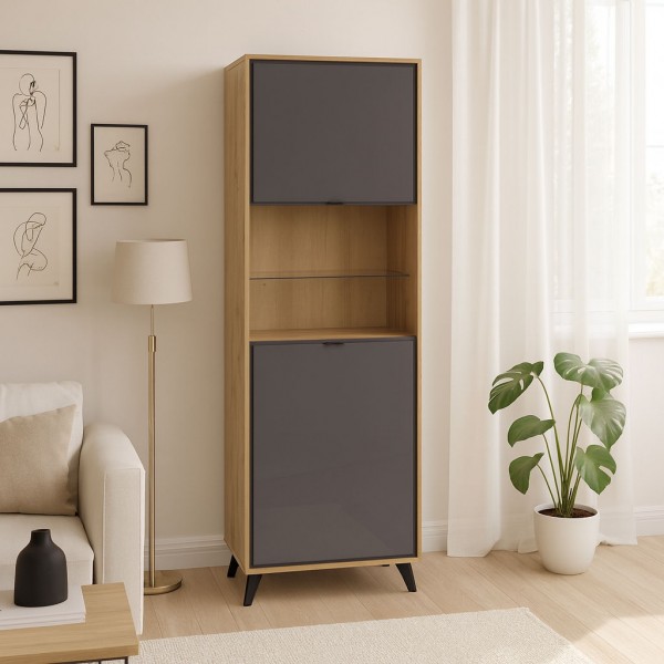 Vista ambientata Mobile colonna in legno colore "Rovere Miele/Grigio Laccato" 2 ante e 2 vani modello Lumen Totò Piccinni