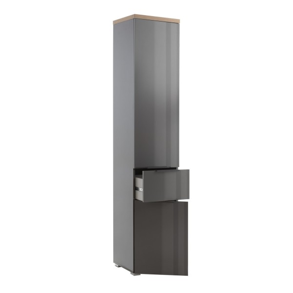 vista diagonale con cassetto e anta aperta mobile colonna bagno in legno con 2 anta e 1 cassetto grigio laccato/rovere miele modello Orbis Totò Piccinni
