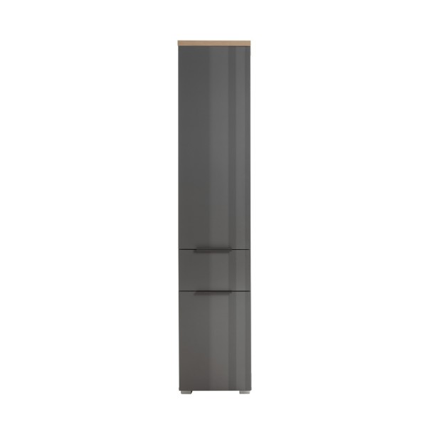 vista frontale mobile colonna bagno in legno con 2 anta e 1 cassetto grigio laccato/rovere miele modello Orbis Totò Piccinni