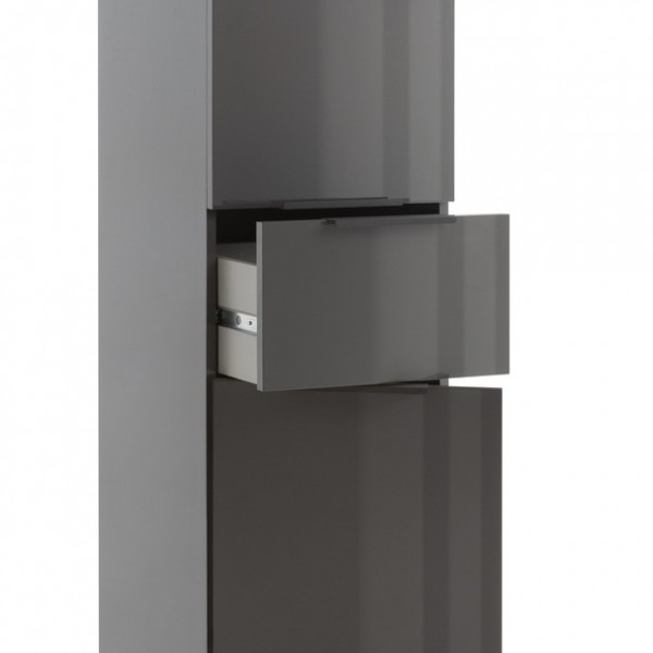 Dettaglio cassetto mobile colonna bagno in legno con 2 anta e 1 cassetto grigio laccato/rovere miele modello Orbis Totò Piccinni