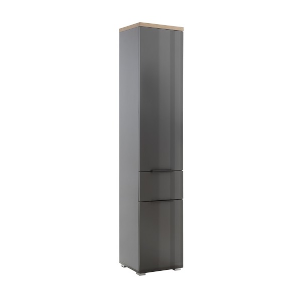 vista diagonale mobile colonna bagno in legno con 2 anta e 1 cassetto grigio laccato/rovere miele modello Orbis Totò Piccinni