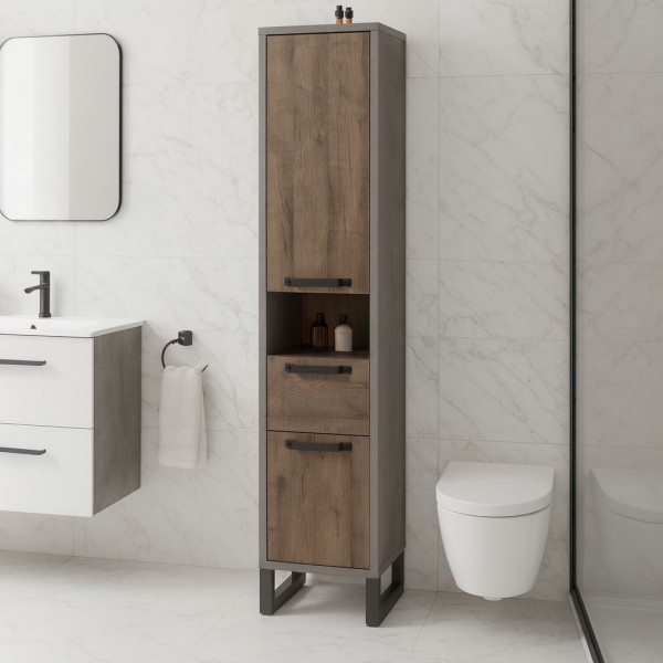 Vista ambientata Colonna Bagno Alta 2 Ante, 1 cassetto e 1 vano "Rovere invecchiato/Grigio" modello Sylva Totò Piccinni