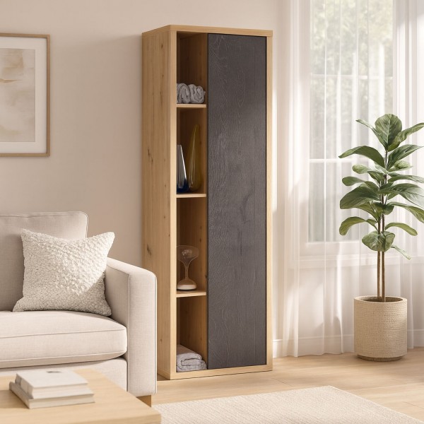 Vista ambientata Mobile colonna in legno colore "Rovere Artisan/Nero Chalet" 1 anta e 4 vani modello Nexus Totò Piccinni
