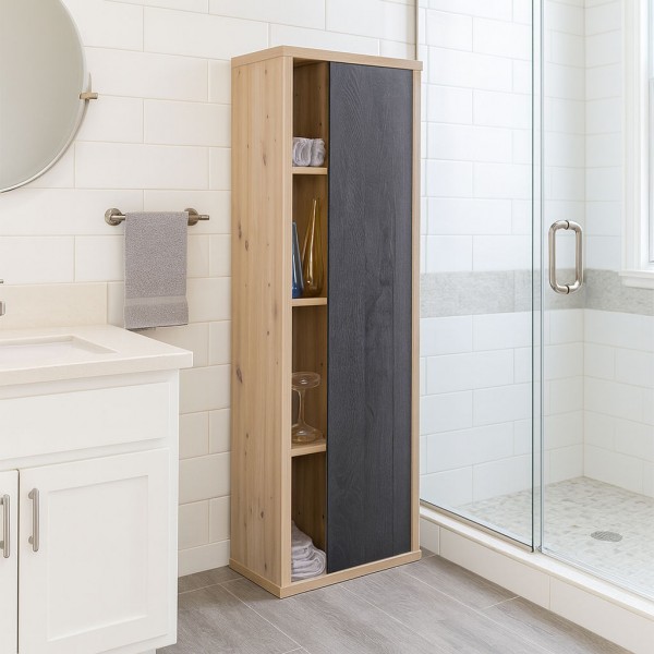 Vista ambientata Mobile colonna in legno colore "Rovere Artisan/Nero Chalet" 1 anta e 4 vani modello Nexus Totò Piccinni