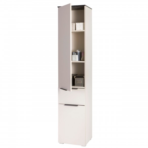 Vista diagonale con anta aperta Colonna Bagno in Legno colore Cashmere/effetto Marmo Nero con 2 ante e 1 cassetto modello Armonia Totò Piccinni