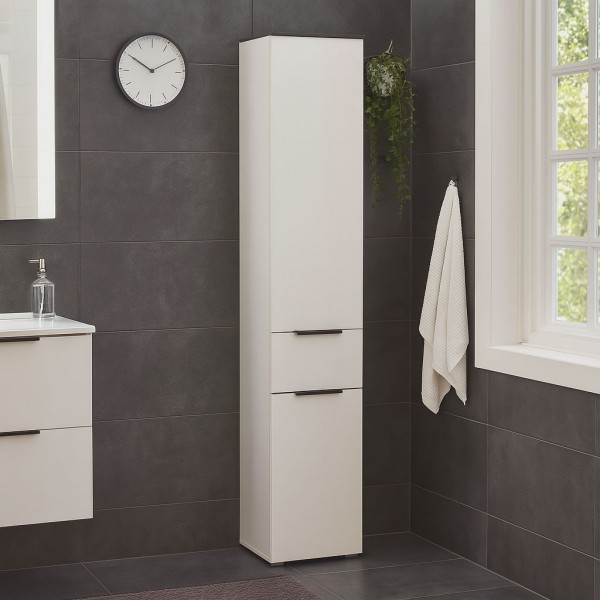 Vista ambientata Colonna Bagno in Legno colore Cashmere/effetto Marmo Nero con 2 ante e 1 cassetto modello Armonia Totò Piccinni