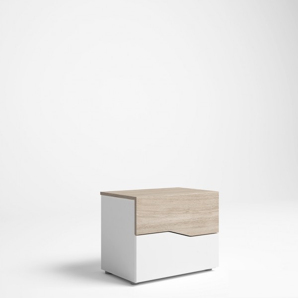 Vista diagonale Comodino in legno colore "Bianco/Rovere" con 2 cassetti modello Ardisia Totò Piccinni