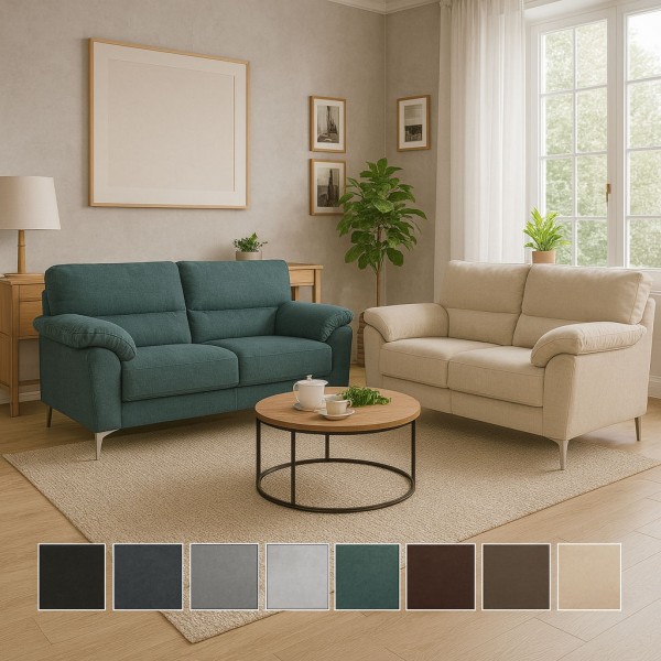 Divani imbottiti moderni 2 e 3 posti in tessuto con piedi in metallo, disponibili in 8 varianti colore tra cui nero, grigio, blu, verde, marrone e beige – modello Giada by Toto Piccinni