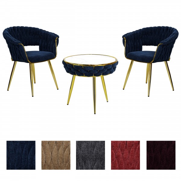 set tavolino 2 poltroncine vellutato imbottito con finitura in oro