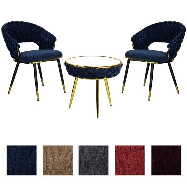 set tavolino 2 poltroncine vellutato imbottito con finitura in oro