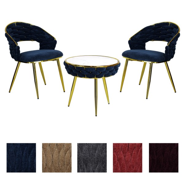set tavolino 2 poltroncine vellutato imbottito con finitura in oro