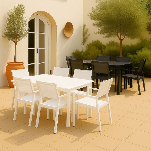 set pranzo tavolo allungabili 160/240 in alluminio con 6 sedie con braccioli modello Linosa Totò Piccinni