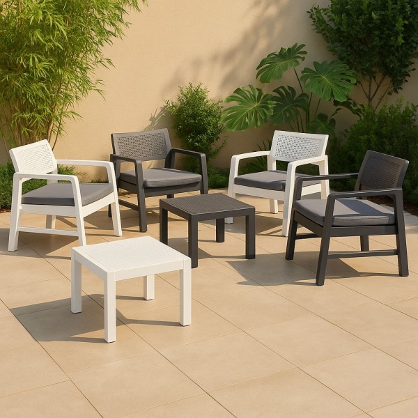 set in polipropilene simil rattan 2 poltrone e tavolino con cuscini