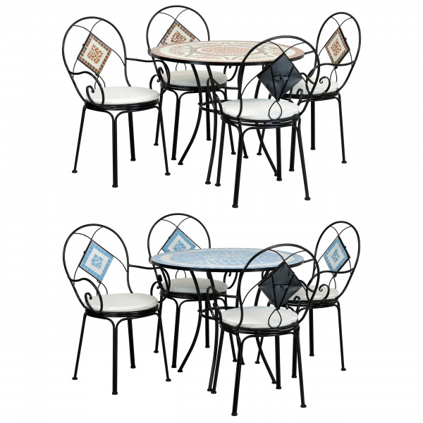 set completo tavolo e 4 sedie con mosaico struttura in metallo con decoro in terracotta