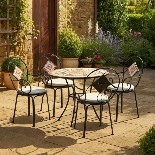 set completo tavolo e 4 sedie con mosaico struttura in metallo con decoro in terracotta