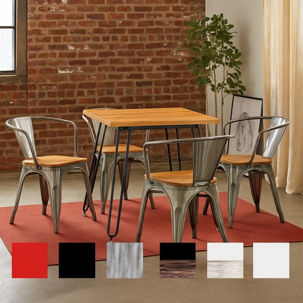 set industry in metallo con poltrone in metallo con seduta in legno