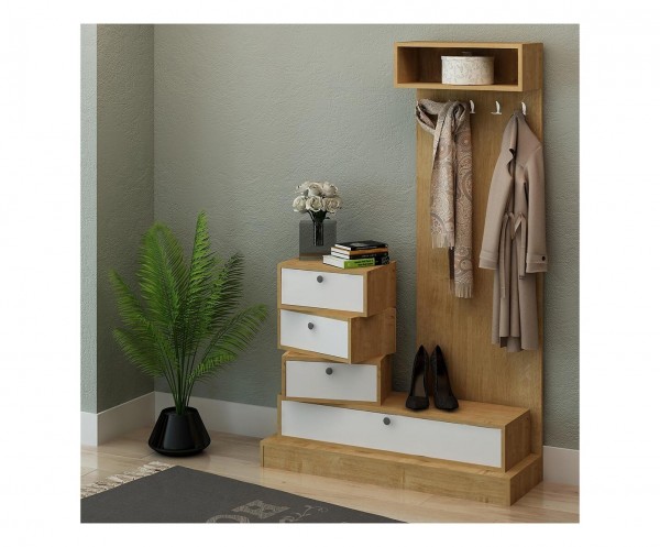 Mobile Ingresso Appendiabiti colore "Rovere/Bianco" con 4 cassetti e 5 ganci Totò Piccinni