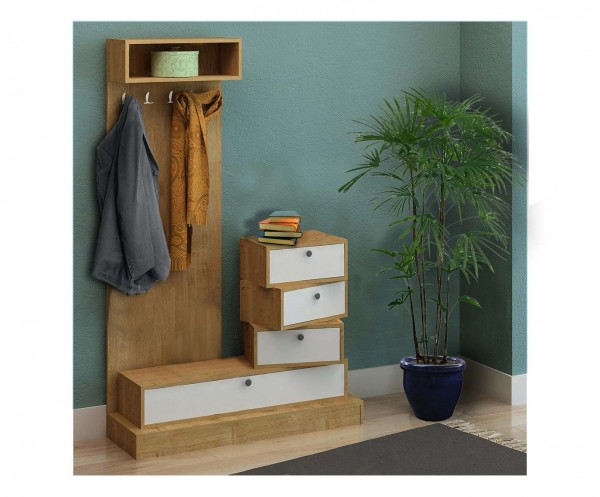 Mobile Ingresso Appendiabiti colore "Rovere/Bianco" con 4 cassetti e 5 ganci Totò Piccinni