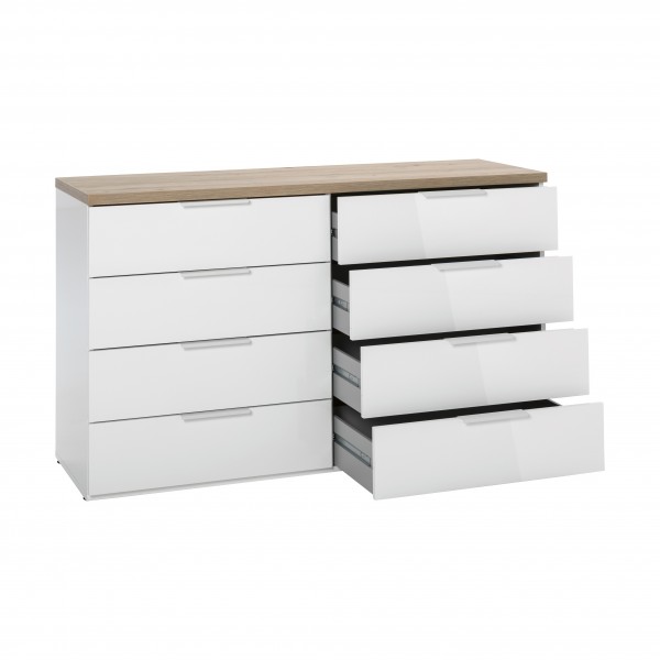 Vista diagonale con cassetti aperti cassettiera in legno doppio cassettone colore "bianco lucido/rovere riviera" modello Orbis Totò Piccinni