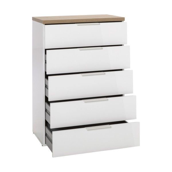 Vista diagonale Cassettone moderno in legno colore "Bianco Laccato/Rovere Riviera" con 5 cassetti modello Orbis Totò Piccinni